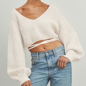 Open back V neck ribbed sexy sweater with tie around midriff
